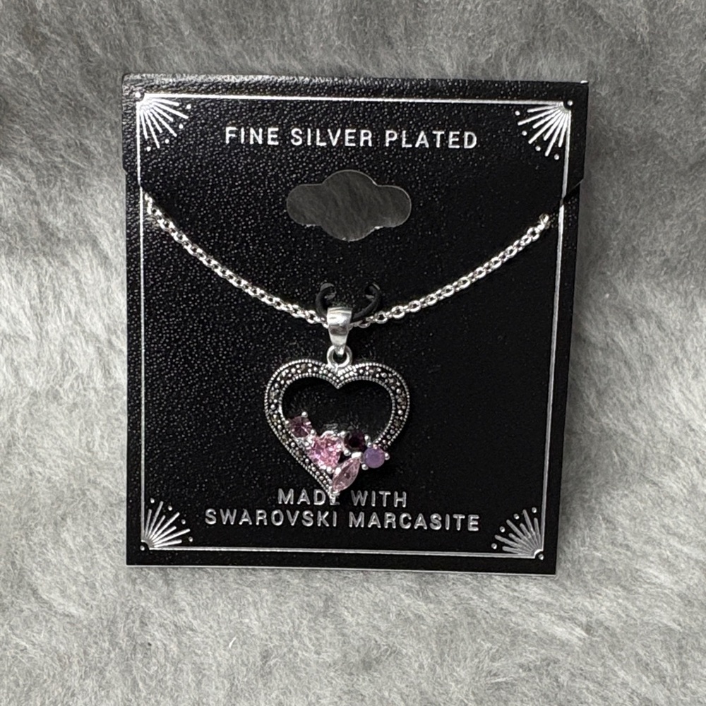 SWAROVSKI MARCASITE Heart Necklace - Silver Plated and Purple Crystals